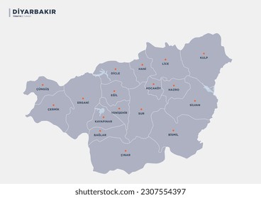 Diyarbakir province of Turkey, province map.