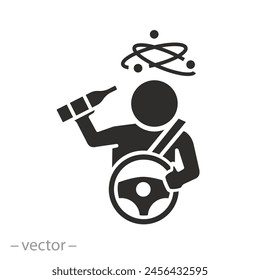 dizziness from alcohol in car icon, drunk driving, man holds bottle to drink, flat vector illustration