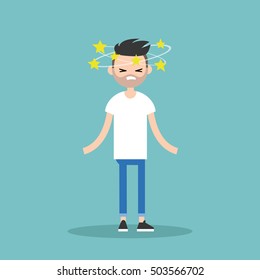 Dizziness conceptual illustration. Young bearded man with stars spinning around his head / flat editable vector illustration