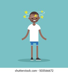 Dizziness conceptual illustration. Young black man with stars spinning around his head / flat editable vector illustration