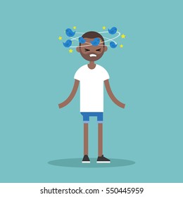 Dizziness conceptual illustration. Young black man with birds spinning around his head / flat editable vector illustration