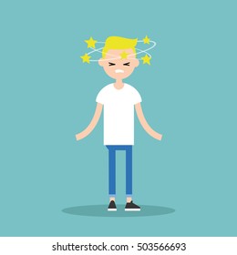 Dizziness conceptual illustration. Young blond character with stars spinning around his head / flat editable vector illustration