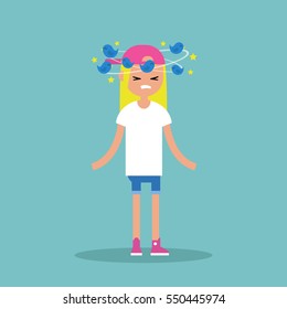 Dizziness conceptual illustration. Young blond girl with birds spinning around her head / flat editable vector illustration