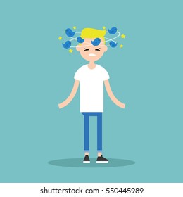 Dizziness conceptual illustration. Young blond character with birds spinning around his head / flat editable vector illustration