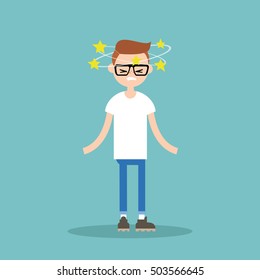 Dizziness conceptual illustration. Young nerd with stars spinning around his head / flat editable vector illustration