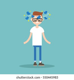 Dizziness conceptual illustration. Young nerd with birds spinning around his head / flat editable vector illustration