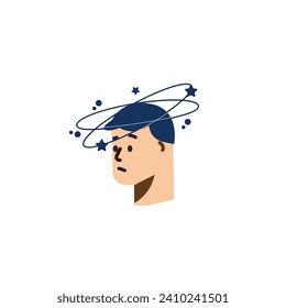 Dizziness design concept, cartoon vector illustration on white background. Head icon with vertigo, lines and stars around, disorientation in space. Symptoms of fatigue, anemia and lack of strength.