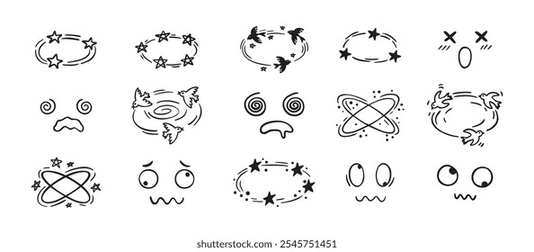 Efeito de tontura desenho desenhado à mão desenho desenho desenho de desenhos animados. vertigens rostos, pássaros e estrelas overhead emoções desenho. Ilustração vetorial