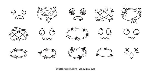 Efeito de tontura desenho desenhado à mão desenho desenho desenho de desenhos animados. vertigens rostos, pássaros e estrelas overhead emoções desenho. Ilustração vetorial