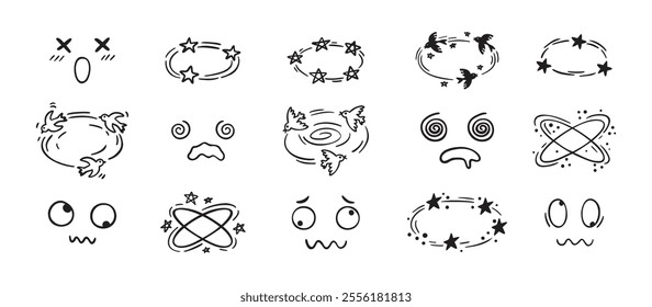 Dizziness effect drawing hand drawn doodle cartoon set. dizzy faces, birds and stars overhead emotions drawing. Vector illustration