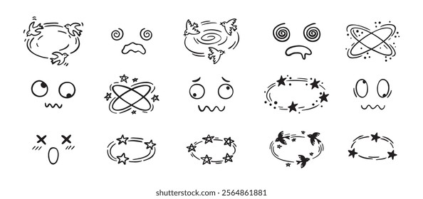 Dizziness effect drawing hand drawn doodle cartoon set. dizzy faces, birds and stars overhead emotions drawing. Vector illustration