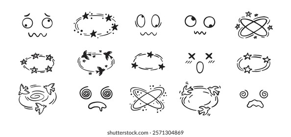 Dizziness effect drawing hand drawn doodle cartoon set. dizzy faces, birds and stars overhead emotions drawing. Vector illustration