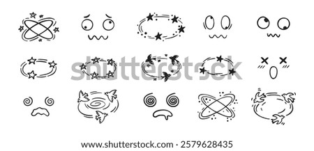 Dizziness effect drawing hand drawn doodle cartoon set. dizzy faces, birds and stars overhead emotions drawing. Vector illustration