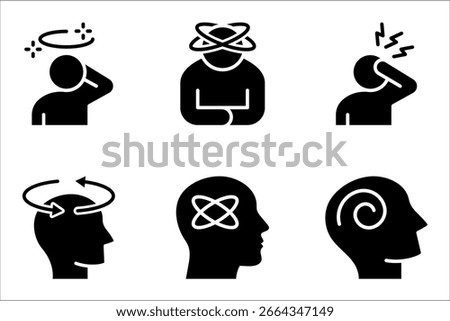 dizziness icon set, graphic pictogram of man with vertigo symptom of migraines, vector illustration on white background