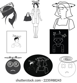 Juego de iconos de mareo, icono de mareo en la cabeza conjunto vector negro