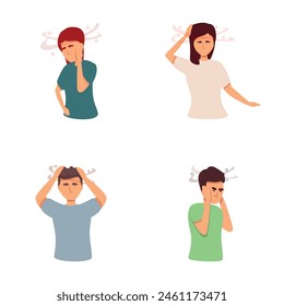 Dizziness icons set cartoon vector. People suffering from headache pain. Health problem