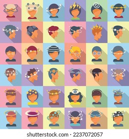 Dizziness icons set flat vector. Brain headache. Face dead