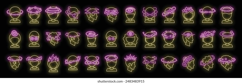 Dizziness icons set outline vector. Brain headache. Face dead neon color on black