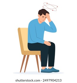 Dizziness. Man with closed eyes holds his hand on head, stars spin around his head. Sick  man with vertigo.Vector illustration, flat design.