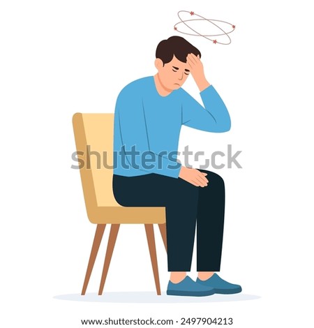 Dizziness. Man with closed eyes holds his hand on head, stars spin around his head. Sick  man with vertigo.Vector illustration, flat design.