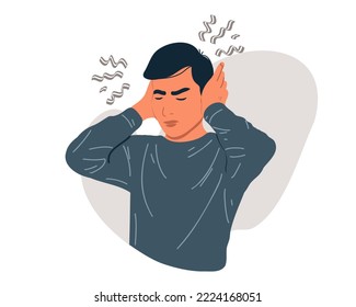 Dizziness. A man with pain in his head and ears keeps his hands on his head.