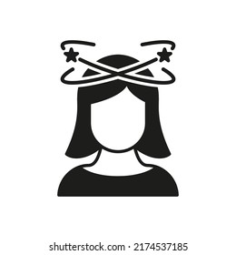 Dizziness, Migraine, Headache, Distracted Head Silhouette Pictogram. Front View. Woman Feel Dizzy Icon. Tired Woman with Nausea Glyph Icon. Isolated Vector Illustration.