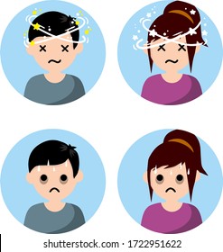 Dizziness And Nausea. Painful And Weak Condition Of Man And Woman. Comic Star Spinning Around Head. Sweating And Depression. Health Problem Flat Icon