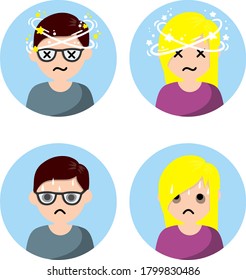 Dizziness and nausea. Painful and Weak condition of man and woman. Comic star spinning around head. Sweating and depression. Health problem flat icon