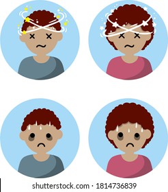 Dizziness And Nausea. Painful And Weak Condition Of Man And Woman. Comic Star Spinning Around Head. Sweating And Depression. Health Problem Flat Icon