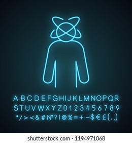 Dizziness neon light icon. Person feeling dizzy. Physiological stress symptoms. Vertigo, giddiness. Spinning head. Glowing sign with alphabet, numbers and symbols. Vector isolated illustration