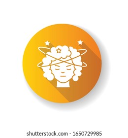 Dizziness orange flat design long shadow glyph icon. Person feeling sick. Stroke in head from heat. Spinning around. Early sign of pregnancy. Vertigo experience. Silhouette RGB color illustration