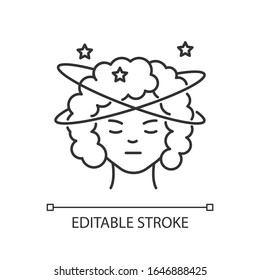 Dizziness pixel perfect linear icon. Stroke in head. Overworked lady. Vertigo experience. Thin line customizable illustration. Contour symbol. Vector isolated outline drawing. Editable stroke