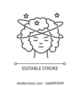 Dizziness pixel perfect linear icon. Stroke in head. Overworked lady. Vertigo experience. Thin line customizable illustration. Contour symbol. Vector isolated outline drawing. Editable stroke