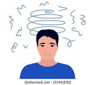 Dizziness, sad and anxious thoughts of man. Young male is surrounded by stream of thoughts, chaos in head. Anxiety, depression, stress. Mental disorder and chaos in mind. Vector flat illustration