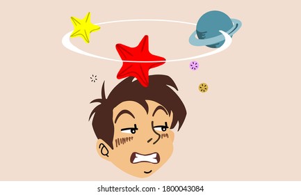 Dizziness, seeing stars rising above his head. The face shows stupor. Stars that whirls over the head.
