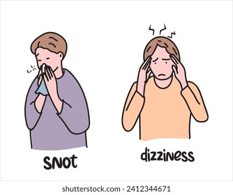 Dizziness and snot illness hand drawing vector illustration