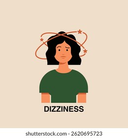 Ilustração do vetor de tontura. Retrato plano de caráter feminino tendo condição médica, sintomas de doença ou efeitos colaterais de medicamentos.