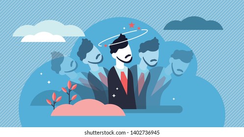 Dizziness vector illustration. Flat tiny dizzy head feeling person concept. Confusion motion, abstract impairment in spatial perception and stability. Drunk lightheadedness problem disease and illness