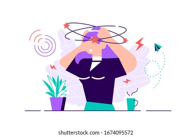 Dizziness vector illustration. Flat tiny dizzy head feeling person concept. Confusion motion, abstract impairment in spatial perception and stability. Drunk lightheadedness problem disease and illness