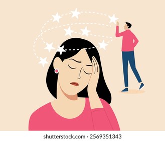 Dizziness. women with closed eyes holds his hand on head, stars spin around his head.