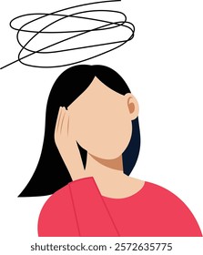 Dizziness. women with closed eyes holds his hand on head, stars spin around his head