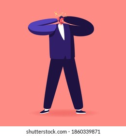 Dizzy Adult Man Suffering of Headache or Migraine Symptom, Male Character Feel Dizzying Touching Head with Stars Flying around. Exhaustion, Anxiety and Frustration Concept. Cartoon Vector Illustration