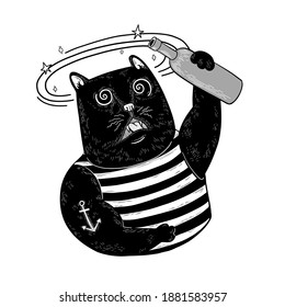 Dizzy black cat with a bottle of alcohol and vertigo. Cat sailor in a vest and with an anchor. Vector flat illustration.