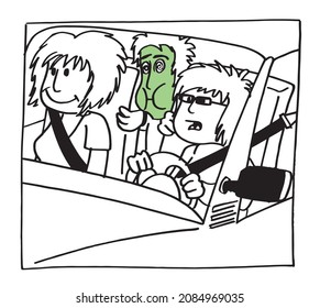 Dizzy and I’ll boy with green face trying to throw up while is sitting on the back seat of a car, travelling with two female friends. Cartoon hand drawn style vector illustration.