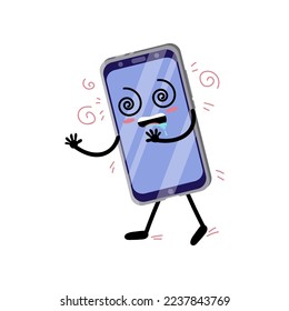 Dizzy cellphone cartoon character vector illustration. Smartphone character, comic mobile phone on white background. Technology, communication, emotions concept