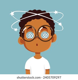 
Dizzy Child Suffering Vertigo Symptoms While Nauseated Vector Character. Kid suffering from motion sickness having blurry vision 
