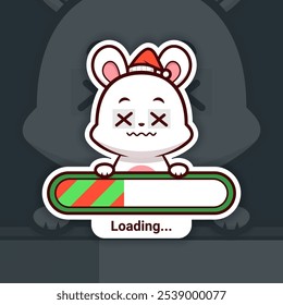 Dizzy Christmas Bunny Holding a Loading Bar, Cute Vector Sticker Design, holidays are coming