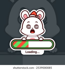 Dizzy Christmas Bunny Holding a Loading Bar, Cute Vector Sticker Design, holidays are coming