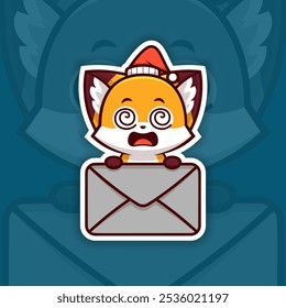 Dizzy Christmas Fox Holding Mail Icon, Vector Sticker Design