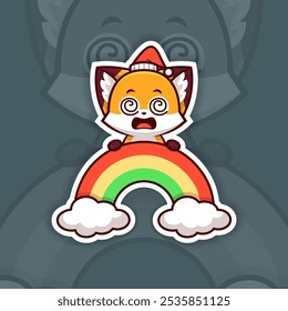 Dizzy Christmas Fox segurando ícone de arco-íris, design de adesivo de vetor